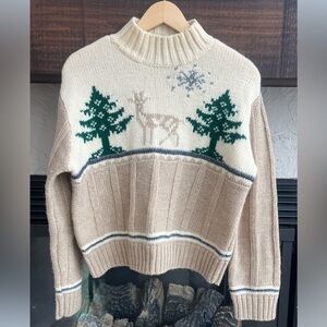 Liz Claiborne 100% Wool Deer Evergreen Fair Isle Winter Sweater | 100% Wool